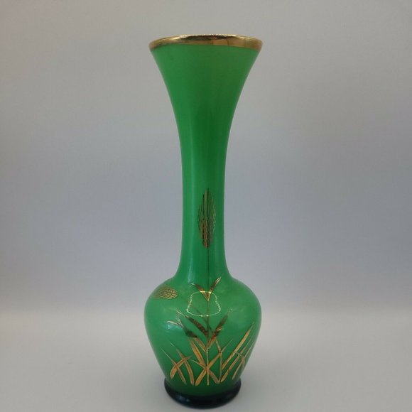 Enesco Accents Vintage Green Glass Vase With Gold Trim And Design